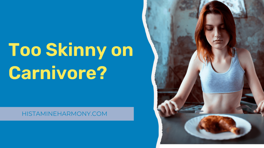 losing too much weight on the carnivore diet? Image of a slender woman sitting down to eat a chicken thigh, looking unhappy.