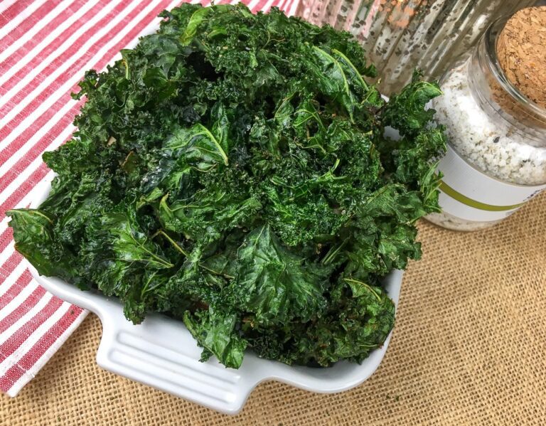 crispy kale chips in serving dish