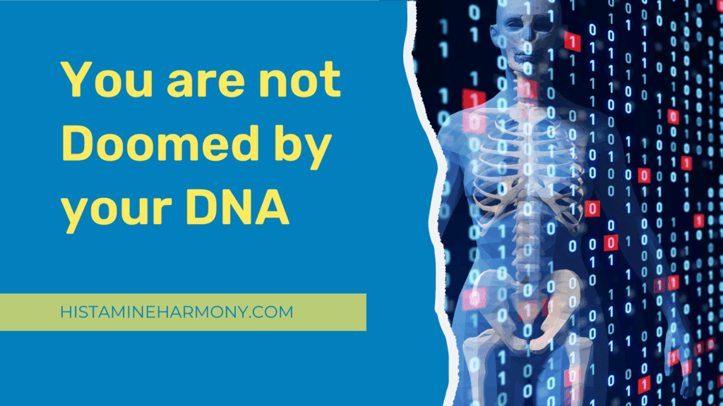 banner with dna symbols overlaying human body says You are not doomed by your DNA